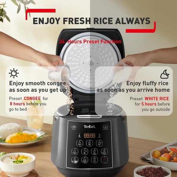 Tefal Easy Rice Plus RK736B หม้อหุงข้าวอัจฉริยะ 1.8 ลิตร – Fuzzy Logic, หม้อทรงกลม, 11 โปรแกรมTefal Easy Rice Plus RK736B Smart Rice Cooker 1.8L – Fuzzy Logic, Spherical Pot & 11 Cooking Programs