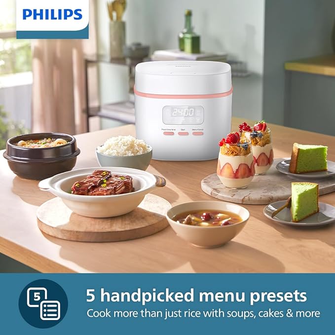 Philips 3000 Series HD3064/62 หม้อหุงข้าวมินิ – 5 เมนูอัตโนมัติ, หม้อ Bakuhanseki, หุงเร็ว เหมาะสำหรับครอบครัวเล็กPhilips 3000 Series Mini Rice Cooker HD3064/62 – 5 Auto Menus, Bakuhanseki Inner Pot, Fast Cooking for Small Families