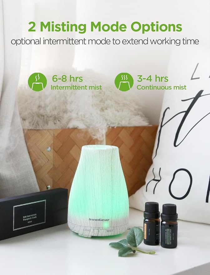 InnoGear Diffuser 100ml พร้อมน้ำมันหอม 6 ขวด – หมอกละเอียด เงียบ ปิดอัตโนมัติ ดีไซน์ลายไม้InnoGear 100ml Essential Oil Diffuser with 6 Oils – Ultrasonic Mist, Quiet Operation, Auto Shut-off, Wood Grain Design