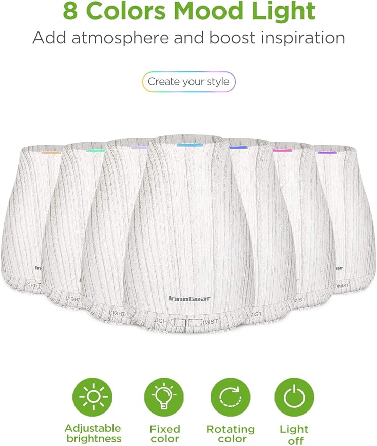 InnoGear Diffuser 100ml พร้อมน้ำมันหอม 6 ขวด – หมอกละเอียด เงียบ ปิดอัตโนมัติ ดีไซน์ลายไม้InnoGear 100ml Essential Oil Diffuser with 6 Oils – Ultrasonic Mist, Quiet Operation, Auto Shut-off, Wood Grain Design