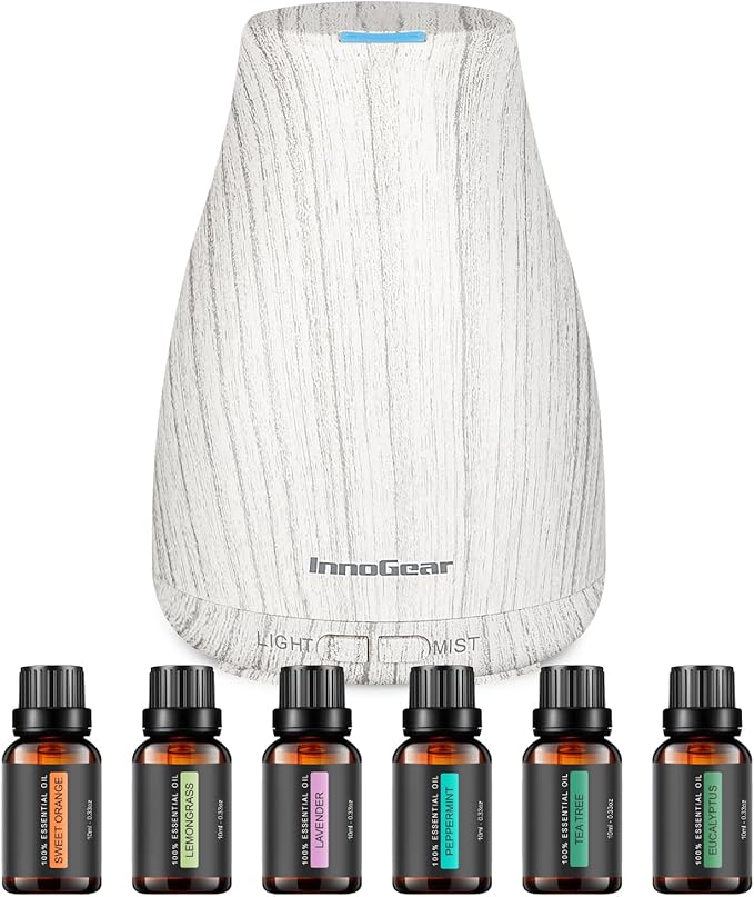 InnoGear Diffuser 100ml พร้อมน้ำมันหอม 6 ขวด – หมอกละเอียด เงียบ ปิดอัตโนมัติ ดีไซน์ลายไม้InnoGear 100ml Essential Oil Diffuser with 6 Oils – Ultrasonic Mist, Quiet Operation, Auto Shut-off, Wood Grain Design