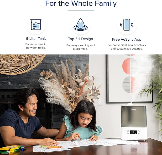 EVOIT 6 L Humidifier – เครื่องพ่นไอน้ำขนาดใหญ่ Top-Fill + Smart App & Alexa | สำหรับบ้านและห้องนอนLEVOIT 6 L Cool Mist Humidifier – Large Tank, Smart App & Alexa Control, Top-Fill Design