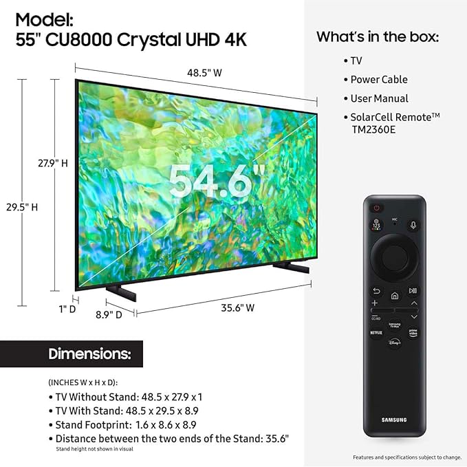 Samsung 55" CU8000 ทีวี 4K Crystal UHD – PurColor, OTS Lite, Q-Symphony, ดีไซน์บางเฉียบSamsung 55-Inch CU8000 4K Crystal UHD TV – PurColor, OTS Lite, Q-Symphony, Ultra Slim Design