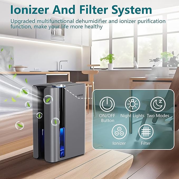 SIMSEN 95oz เครื่องลดความชื้น 800 ตร.ฟุต – เงียบ ฟิลเตอร์ล้างได้ ไอออไนเซอร์ พร้อมท่อระบายน้ำ (CT15)SIMSEN 95oz Dehumidifier 800 Sq.Ft – Quiet, Reusable Filter, Ionizer & Drain Hose (CT15)