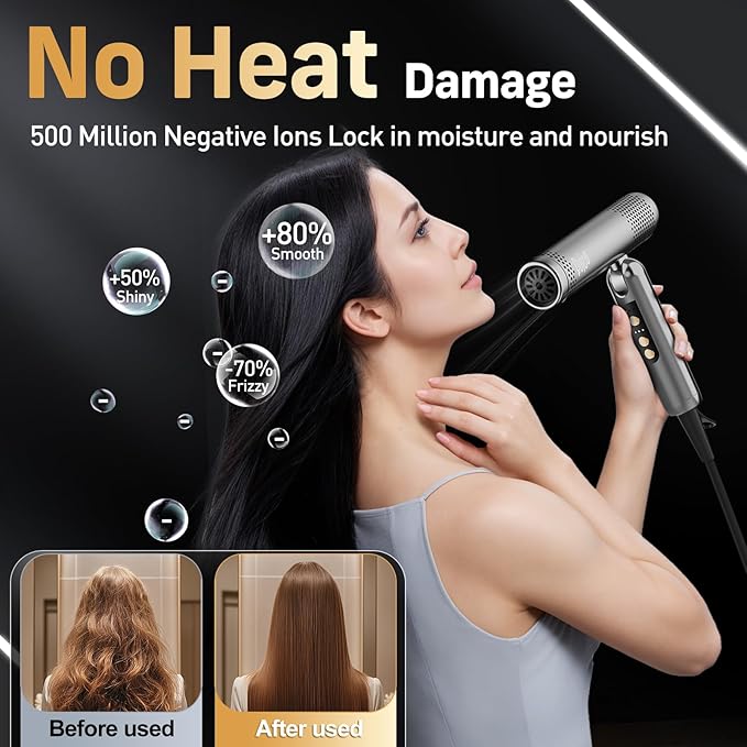 QUICO ไดร์เป่าผม 120000 RPM โวลต์คู่ทั่วโลก ไอออนลบ 500 ล้าน แห้งเร็ว 5 เท่าQUICO 120000 RPM Global Dual Voltage Hair Dryer with 500M Ions – 5X Faster Drying