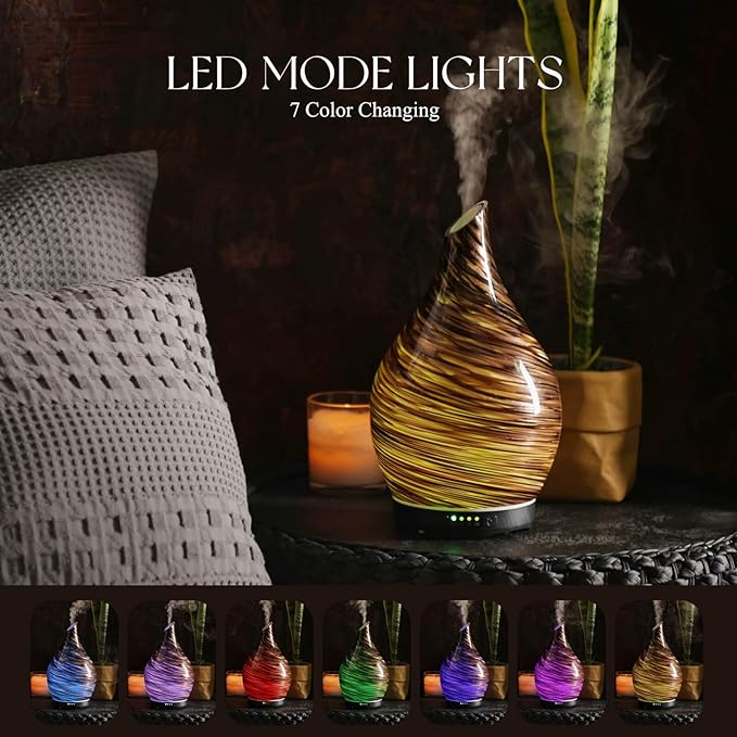 Porseme 280ml ดิฟฟิวเซอร์แก้วเปลี่ยนสี – หมอกละเอียด เงียบ ปิดอัตโนมัติ เหมาะสำหรับนอนและโยคะColor Changing, Ultrasonic Cool Mist, Quiet, Auto Shut-off