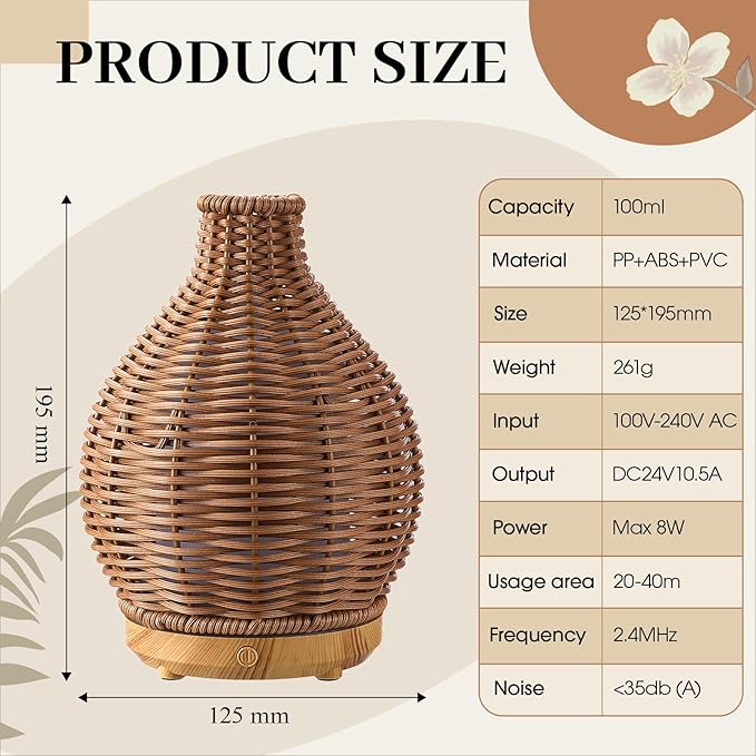 Essential Oil Diffuser หวายสาน Boho 80ml – เงียบ ปิดอัตโนมัติ หมอกละเอียด เหมาะสำหรับห้องนอนและออฟฟิศEssential Oil Diffuser หวายสาน Boho 80ml – เงียบ ปิดอัตโนมัติ หมอกละเอียด เหมาะสำหรับห้องนอนและออฟฟิศ