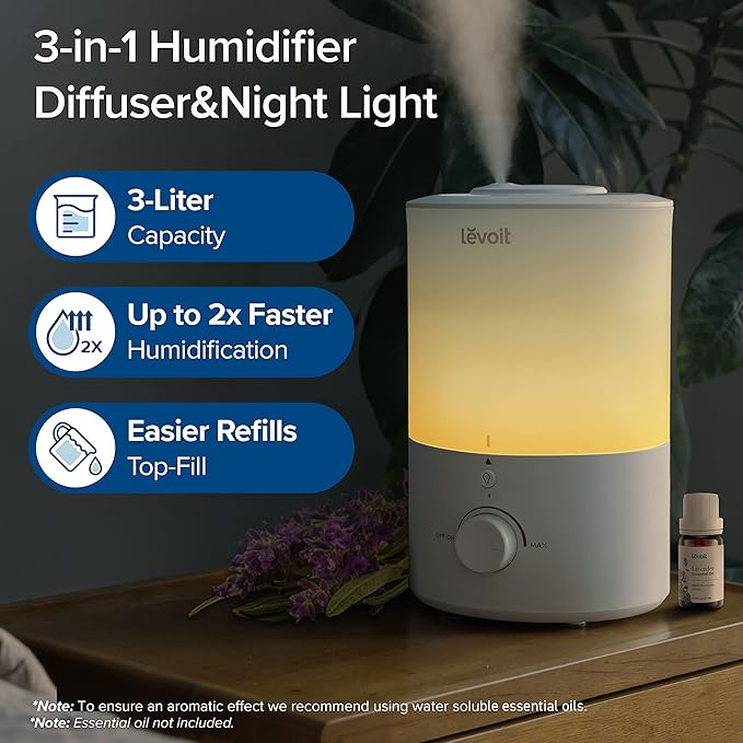 LEVOIT Humidifier 3 L – เครื่องพ่นไอน้ำเย็น เงียบ พร้อมหัวพ่น 360° สำหรับ ห้องนอน & ห้องเด็กLEVOIT 3L Cool Mist Humidifier – Quiet 360° Home Humidifier for Bedrooms & Nurseries