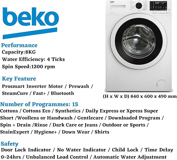 Beko WCV8736XS0 เครื่องซักผ้า 8kg รอบปั่น 1200rpm – ประหยัดน้ำ 4 Ticks ซักสะอาดรวดเร็วBeko WCV8736XS0 8kg Front Load Washer – 1200rpm, 4-Tick Water Efficiency, Fast Clean