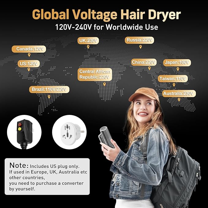 QUICO ไดร์เป่าผม 120000 RPM โวลต์คู่ทั่วโลก ไอออนลบ 500 ล้าน แห้งเร็ว 5 เท่าQUICO 120000 RPM Global Dual Voltage Hair Dryer with 500M Ions – 5X Faster Drying